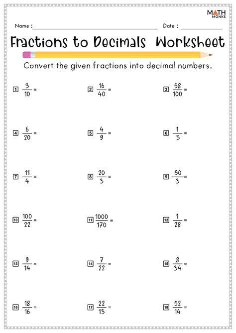 Fractions into Decimals Worksheet (with Printable)