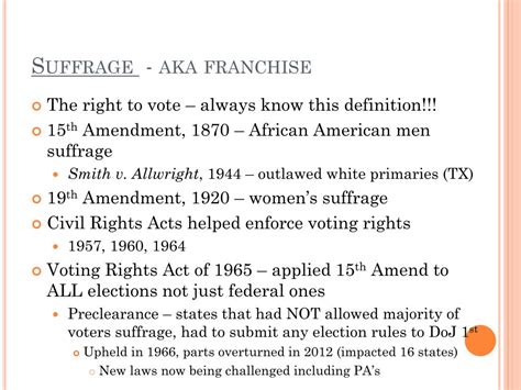 Franchise/Suffrage: Essential Concepts in AP Gov Definition Unit 5