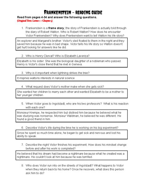 Frankenstein Reading Question Answers Doc