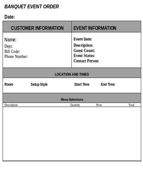 Free Banquet Event Order Template Excel