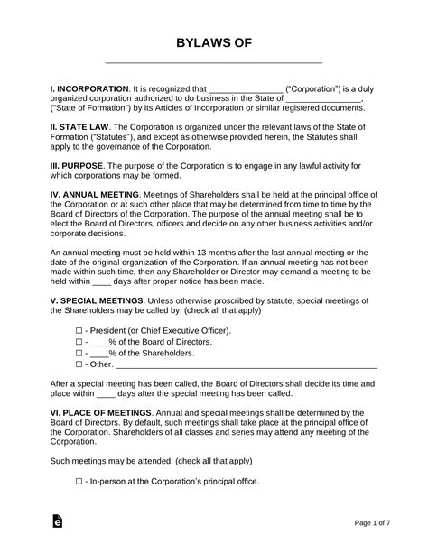 Free Bylaws Template Word Document