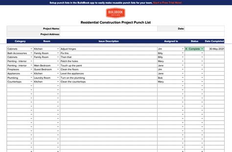 Free Construction Punch List Template Excel