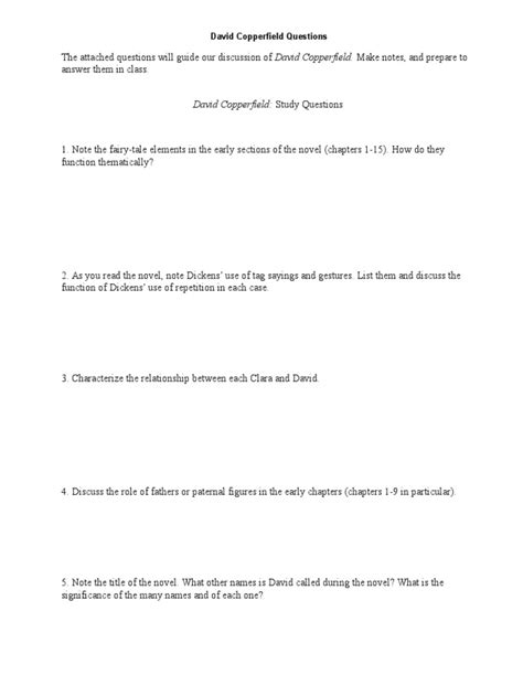 Free David Copperfield Study Questions And Answers Reader