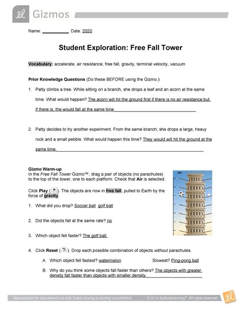 Free Fall Tower Answers Reader
