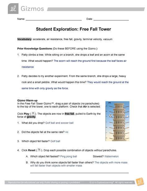 Free Fall Tower Answers Reader