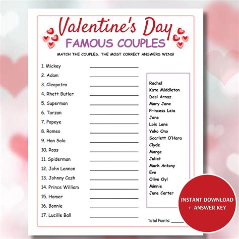 Free Famous Couples Printable Game For Valentines Days