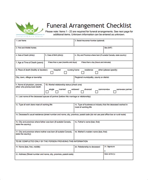 Free Funeral Arrangements Template