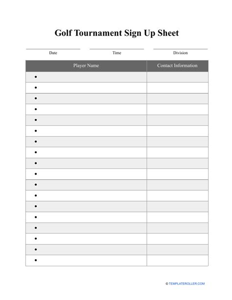 Free Golf Tournament Sign Up Sheet Template