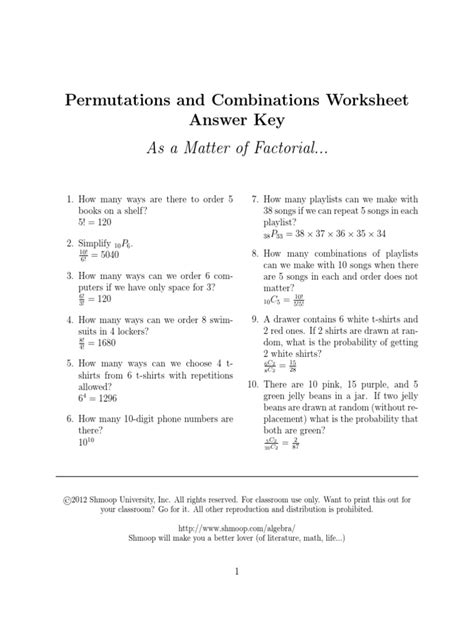 Free Permutation Worksheets With Answers PDF