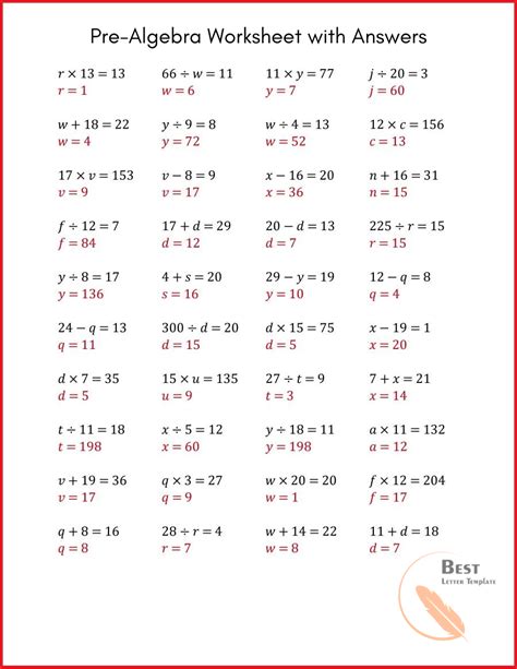 Free Pre Algebra Worksheets With Answer Key PDF