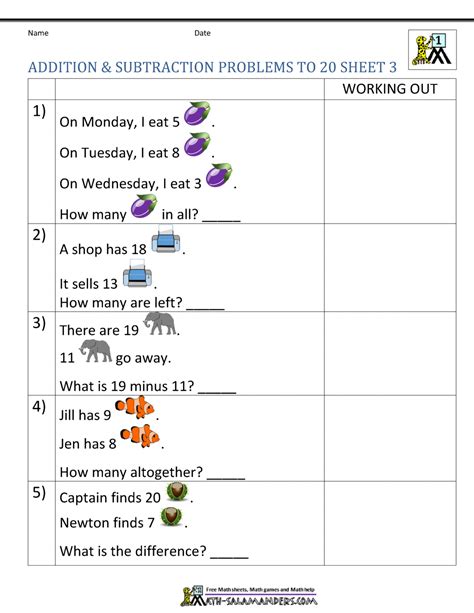 Free Printable Addition And Subtraction Word Problems For First Grade