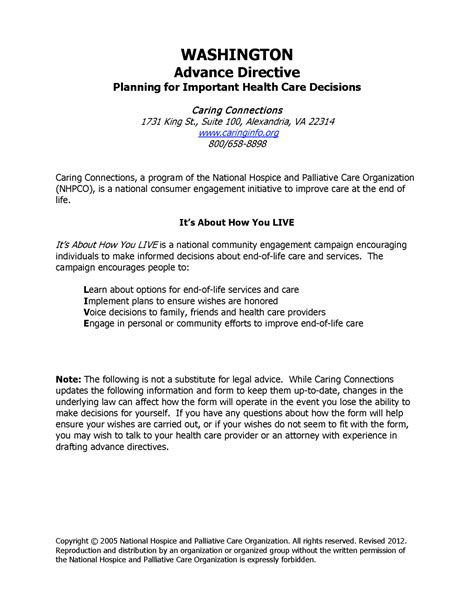 Free Printable Advance Directive Form Washington State
