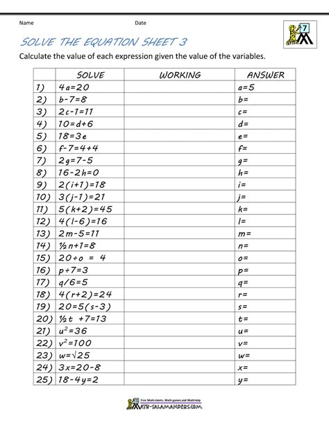 Free Printable Algebra Worksheets With Answers Doc
