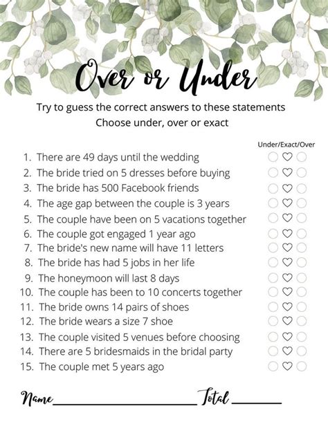 Free Printable Bridal Shower Game Over Or Under