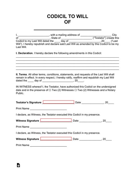 Free Printable Codicil To Will Word
