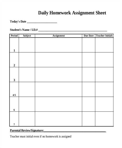 Free Printable Daily Homework Assignment Sheet Template