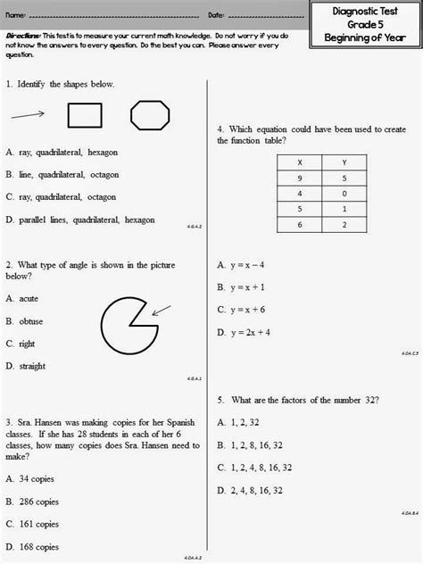 Free Printable Diagnostic Math Assessment