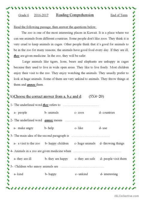 Free Printable English Comprehension Worksheets For Grade 6 With Answers