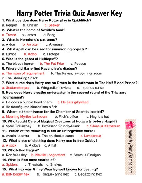 Free Printable Harry Potter Trivia Questions And Answers