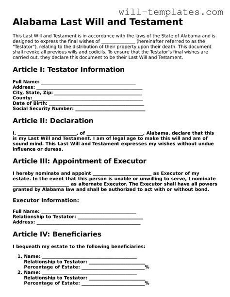 Free Printable Last Will And Testament Alabama