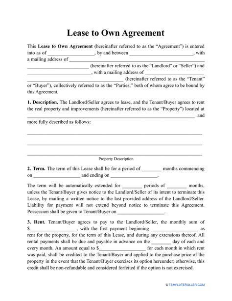 Free Printable Lease To Own Agreement