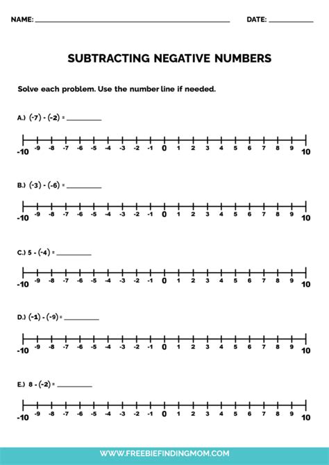 Free Printable Negative Number Subtraction Number Line Worksheets