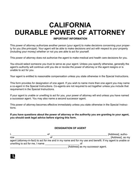 Free Printable Power Of Attorney Form California