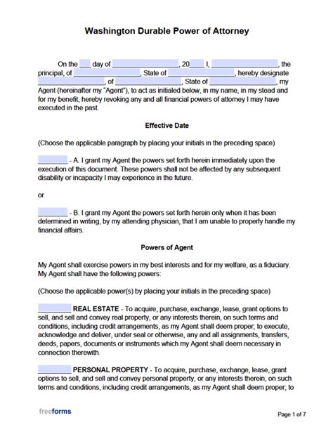 Free Printable Power Of Attorney Form Washington State