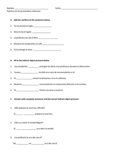 Free Printable Worksheet In Spanish For The Indirect Obj Pronoun