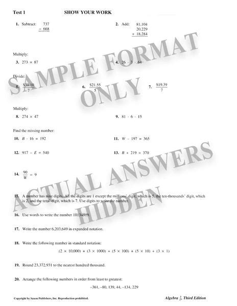 Free Saxon Math Algebra 1 Answer Key PDF