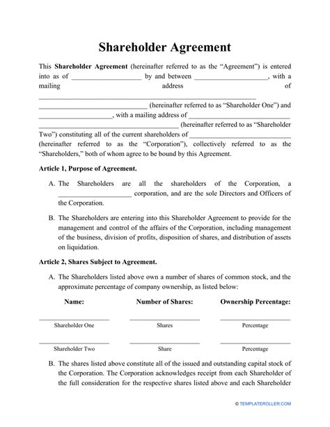 Free Shareholder Agreement Template