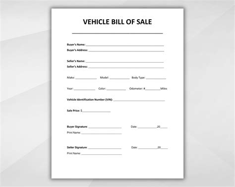 Free Vehicle Bill Of Sale Printable