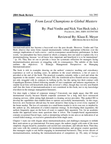 From Local Champions to Global Masters A Strategic Perspective on Managing Internationalization Reader