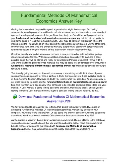 Fundamental Methods Of Mathematical Economics Answer Key Kindle Editon