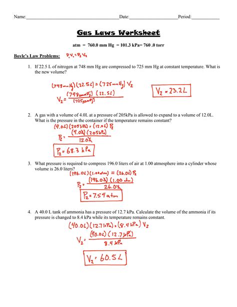 Gas Law Worksheet With Answers PDF