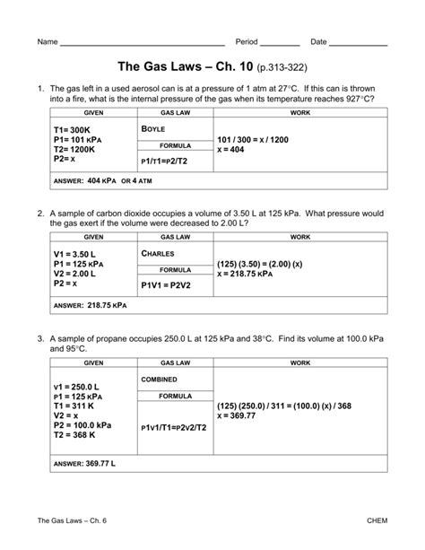 Gas Laws Calculations Worksheet Answers Reader