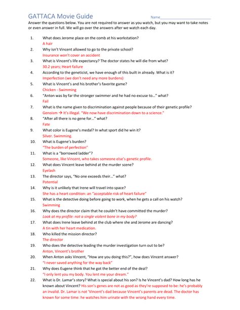 Gattaca Movie Questions Answers Reader