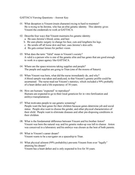 Gattaca Questions Answer Key Epub