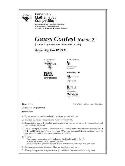 Gauss Contest Grade 7 2004 Answers PDF