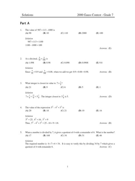 Gauss Test Grade 7 Answers 2011 PDF