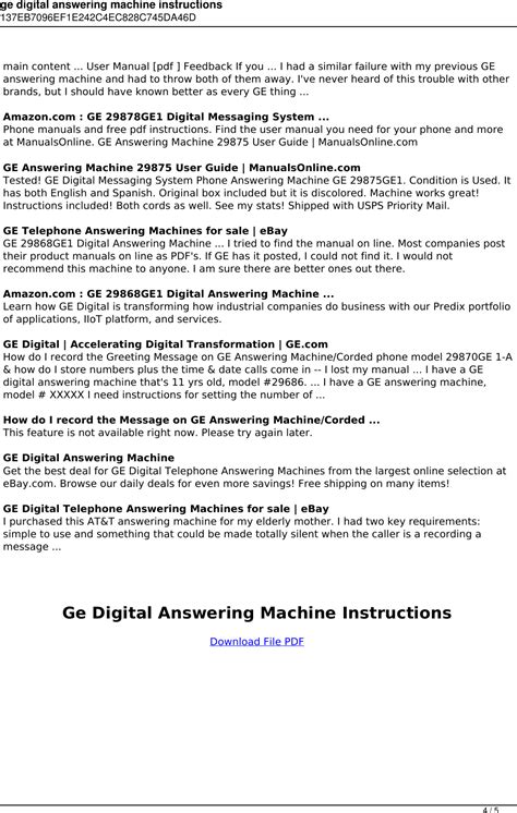 Ge Digital Answering Machine Instructions PDF