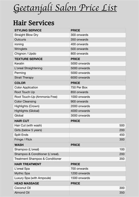 Geetanjali Salon Price List