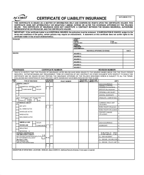 General Liability Insurance Certificate Template