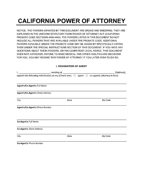 General Power Of Attorney California Template