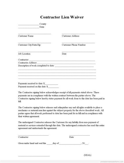 Generic Printable Lien Waiver Form