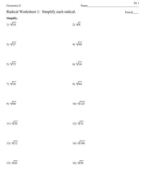 Geometry G Simplifying Radicals 1 Answers PDF