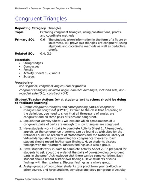 Geometry Parts Of Congruent Triangles Packet Answers Doc