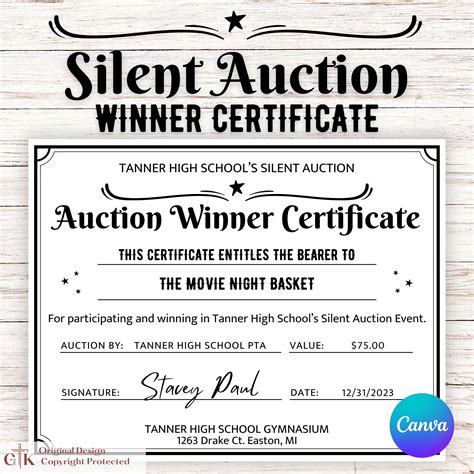 Gift Certificate For Silent Auction Template