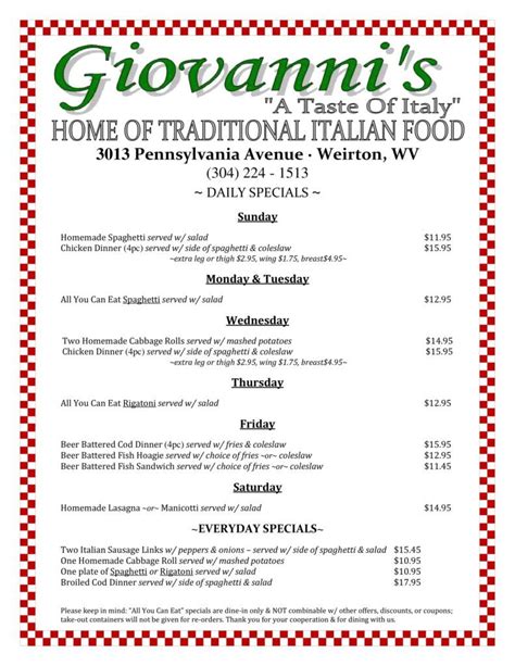 Giovanni's Sophia WV Menu: A Culinary Journey to Italian Delights