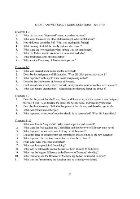 Giver Short Answer Study Guide Questions Doc